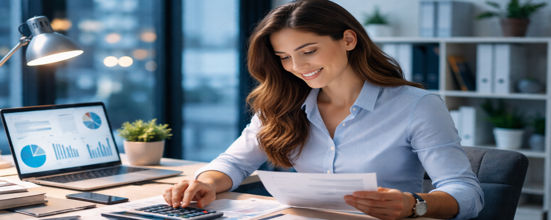 Sales representative calculating earnings at desk