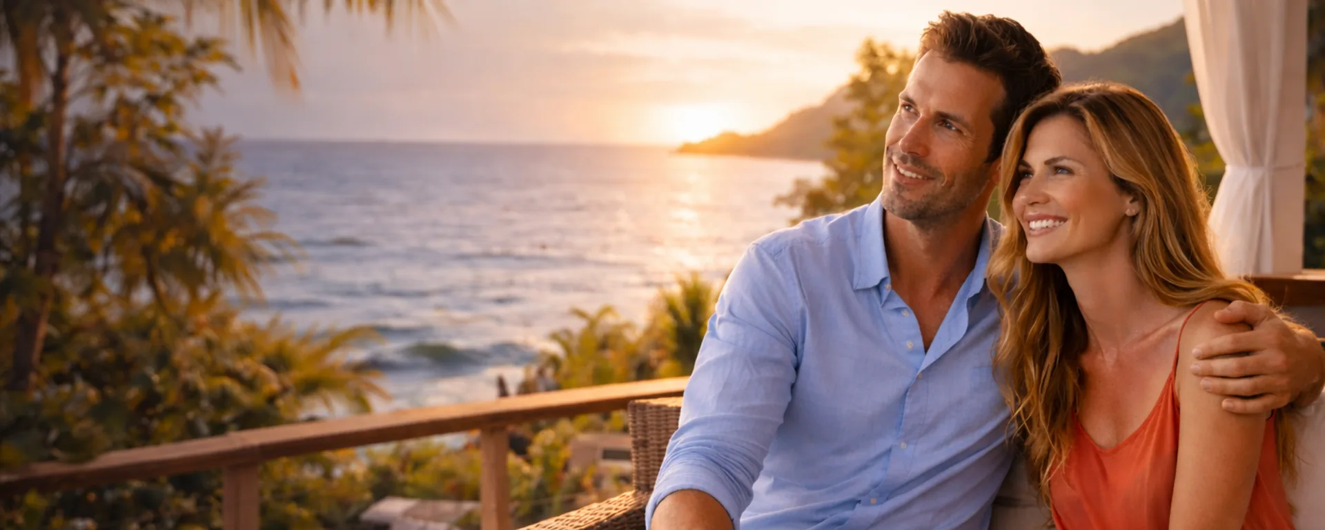 Couple looking out over the ocean from a resort terrace at sunset